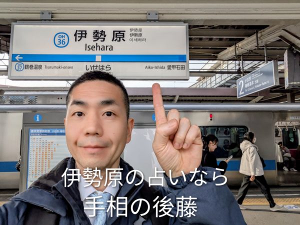 伊勢原駅の駅名標前でポーズ。伊勢原市周辺で手相占いや運勢鑑定ができる場所をお探しの方へ