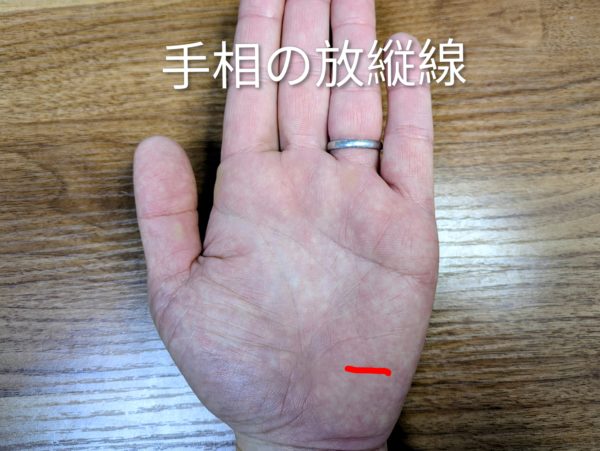 茅ヶ崎から占いを求めてお客様が良く来る手相の後藤が解説する「放縦線(ほうじゅうせん)」。40代の人生の転換期や疲れのサインを、手のひらの赤線で示した手相解説写真。