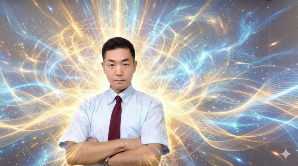 「強力な波動(オーラ)を放つ、神奈川県海老名市の手相占い師・後藤弘輝の写真。自分軸が整い、エネルギーが満ち溢れている状態を視覚化。」