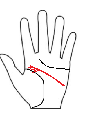 手相占いの「空気を読みすぎる離れ知能線（日本版自由の女神線）」の解説図。AIのような合理的な思考と日本人的な繊細さが共存する知能線の特徴。