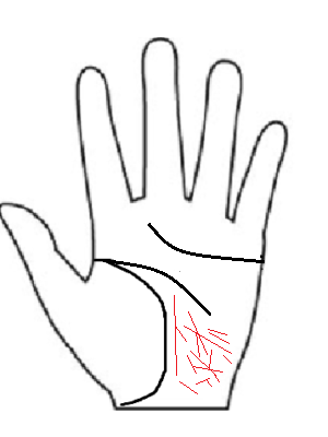 手相の月丘（小指の下方）に細かい線が多い状態を示すイラスト。IT・AI適性や、きめ細やかな対応ができる繊細な才能を司るエリアを解説。